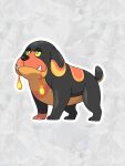  abstract_background absurdres black_fur blue_eyes bright_pupils brown_fur calwakerz colored_sclera commentary dog drooling ears_down english_commentary fakemon grey_background highres multicolored_fur no_humans original pokemon pokemon_(creature) solo sugimori_ken_(style) tail white_pupils yellow_sclera 