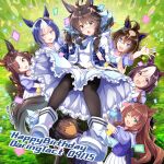  6+girls ahoge animal_ears arms_up belt black_gloves black_hair black_pantyhose blue_eyes blue_hair blue_necktie blush boots bow bowtie braid breasts brown_belt brown_hair cesario_(umamusume) character_name closed_mouth collared_shirt commentary_request crown_braid daring_heart_(umamusume) daring_tact_(racing)_(umamusume) daring_tact_(umamusume) dark-skinned_female dark_skin ear_bow ear_covers ear_ribbon epiphaneia_(umamusume) gloves green_eyes hair_between_eyes hair_ornament half_up_braid happy_birthday highres horse_ears horse_girl horse_tail jacket lifting_person long_hair looking_at_viewer maruzensky_(umamusume) medium_breasts multicolored_hair multiple_girls necktie one_eye_closed open_clothes open_jacket open_mouth pantyhose pleated_skirt puffy_short_sleeves puffy_sleeves purple_bow purple_bowtie purple_eyes purple_shirt sailor_collar sailor_shirt school_uniform shinohara_shinome shirt short_hair short_sleeves single_ear_cover skirt smile special_week_(umamusume) star_(symbol) star_hair_ornament streaked_hair symboli_kris_s_(umamusume) tail tracen_school_uniform umamusume umamusume_horse_relations white_boots white_hair white_jacket white_sailor_collar white_shirt white_skirt 