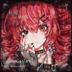  1girl akari_(akariimia) album_cover artist_name black_choker black_eyes black_gloves black_sweater choker close-up commentary cover dot_nose drill_hair english_commentary english_text fingerless_gloves gloves goth_fashion hair_between_eyes hair_ornament hairclip hand_on_own_face heterochromia highres jewelry kasane_teto long_sleeves looking_at_viewer necklace red_eyes red_hair silver_jewelry silver_necklace silver_ring solo sweater twin_drills twitter_username utau x_hair_ornament 