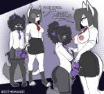  absurd_res accessory anthro big_breasts black_nose blue_eyes blush bottomwear breasts businesswear canid canine clothed clothing del_(the_man) diego_(hololing) duo english_text erection eyewear felid feline female fluffy fluffy_tail fur genital_leash genitals glasses hair hi_res imminent_sex larger_female leash male male/female mammal maned_wolf necktie nipples open_mouth penis penis_leash purple_penis red_eyes size_difference skirt smaller_male smile solo tail text the_man white_body white_fur 