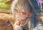  1boy 1girl betanonbeet blue_archive blush brick_floor commentary earphones feathered_wings grey_hair grey_sailor_collar hair_between_eyes halo head_wings highres holding holding_phone looking_at_viewer open_mouth phone pov purple_halo red_eyes sailor_collar school_uniform shared_earphones shirt single_wing solo_focus suzumi_(blue_archive) white_shirt wings 