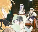  3boys alkaid_mcgrath alkaid_mcgrath_(infinite_empire) benzi169 black_cape black_gloves black_ribbon blonde_hair cael_anselm cael_anselm_(infinite_empire) cape character_doll chinese_commentary closed_mouth collared_cape collared_shirt commentary_request couch covered_eyes crayon_drawing crossed_arms doll drawing_(action) drawing_(object) epaulettes gloves green_eyes hair_between_eyes hair_ribbon hat heroine_(lovebrush_chronicles) holding holding_pencil holding_sketchbook indoors jacket lapels lars_rorschach lars_rorschach_(infinite_empire) long_hair long_hair_between_eyes long_sleeves looking_at_another lovebrush_chronicles low_ponytail male_focus medium_hair meme military_hat military_uniform modeling multiple_boys necktie notched_lapels on_couch peaked_cap pencil ponytail purple_eyes purple_hair reclining ribbon shirt shoes side_cape sideways_glance single_epaulette sitting sketchbook smile standing sword unamused upper_body weapon white_cape white_hat white_jacket white_shoes yellow_necktie 