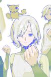  1boy bags_under_eyes black_eyes clenched_hand dungeon_meshi elf gapamopa gorget green_shirt grey_hair highres lazy_eye long_sleeves looking_at_viewer male_focus mithrun multiple_views notched_ear pointy_ears shirt short_hair simple_background solo_focus tunic uneven_eyes wavy_hair white_background 