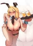  1girl absurdres alternate_breast_size_(larger) animal_ears antenna_hair arcueid_brunestud belt black_leotard blonde_hair blush breasts cleavage commentary cup cut_glass detached_collar english_commentary fake_animal_ears hair_intakes hand_on_own_hip highres holding holding_cup holding_plate huge_breasts ice ice_cube leaning_forward leg_lift leotard looking_at_viewer necktie plate playboy_bunny presenting_breasts rabbit_ears red_eyes ryoshusex short_hair sidelocks smile smirk spilled_drink standing standing_on_one_leg thick_thighs thigh_belt thigh_strap thighs tsukihime white_wrist_cuffs wide_hips wrist_cuffs 