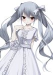  1girl arm_at_side blush bow breasts center_frills closed_mouth collarbone cowboy_shot dress dress_flower flower frills grey_hair grisaia_(series) hair_between_eyes hair_bow hand_up highres kasukasugom1 kazami_kazuki long_hair looking_at_viewer red_eyes short_sleeves sidelocks simple_background small_breasts smile solo split_mouth swept_bangs twintails very_long_hair white_background white_bow white_dress white_flower 