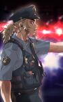  1boy backlighting blonde_hair blue_shirt blue_vest flashing_light from_side hat highres kimetsu_no_yaiba long_hair mismatched_eyebrows multicolored_hair open_mouth outstretched_arm pocket police police_badge police_hat police_uniform policeman ponytail profile rengoku_kyoujurou shirt short_sleeves sidelocks sikinen444 solo spiked_hair symbol-only_commentary teeth thick_eyebrows tsurime uniform upper_teeth vest vest_pouch whistle 