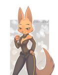  absurd_res anthro blush bodysuit breasts canid canine clothing dekojjma diane_foxington digital_media_(artwork) dreamworks eyebrow_piercing facial_piercing female fox fur half-closed_eyes hi_res mammal narrowed_eyes open_bodysuit orange_body orange_fur piercing simple_background skinsuit smile solo standing tail the_bad_guys tight_clothing zipper zipper_down 