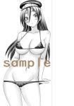  1girl bikini blush breasts collarbone covered_nipples cowboy_shot greyscale hair_between_eyes hat highres kido_ayame_(kimi_wa_008) kimi_wa_008 large_breasts long_hair looking_at_viewer matsuena_shun micro_bikini monochrome navel official_art parted_lips sample_watermark simple_background solo standing swimsuit watermark 