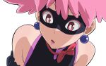  1girl anime_coloring bare_shoulders black_mask boku_no_hero_academia close-up commentary derivative_work domino_mask earrings english_commentary eye_mask haneyama_kazuho highres jewelry looking_down mask parted_lips pink_eyes pink_hair pink_lips quelcom revision simple_background solo sphere_earrings superhero_costume transparent_background upper_body vigilante_-boku_no_hero_academia:_illegals- 