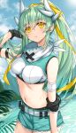  1girl bangs blush breasts dragon_girl dragon_horns fate/grand_order fate_(series) green_hair highres horns kiyohime_(fate) kiyohime_(jurassic_dream)_(fate) long_hair looking_at_viewer medium_breasts morizono_shiki multiple_horns solo thighs yellow_eyes 