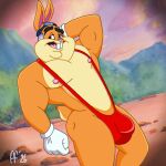 2026 anthro biceps black_eyebrows black_hair brown_body brown_fur bulge clothing detailed_bulge eyebrows fabfelipe fur gloves grey_hair hair hand_behind_head handwear hi_res lagomorph leporid male mammal mature_anthro mature_male multicolored_body multicolored_fur multicolored_hair nipples one-piece_swimsuit open_mouth open_smile outside pecs pink_nipples pink_nose pink_tongue rabbit red_sling_bikini scut_tail short_tail sling_bikini smile solo swimwear tail tan_body tan_fur the_looney_tunes_show tongue two_tone_body two_tone_fur walter_bunny warner_brothers white_clothing white_gloves white_handwear