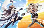  2girls arm_up bangs black_gloves black_hairband black_shorts blonde_hair blue_background boots bow bracelet brown_footwear brown_hair brown_legwear cape character_name clenched_teeth commentary_request commission cosplay cropped_jacket crossover drop_shadow duel energy eye_contact feather_trim female_protagonist_(pokemon_go) female_protagonist_(pokemon_go)_(cosplay) fingerless_gloves floating_cape floating_hair gloves grin hair_bow hair_ornament hairband half_updo hands_up highres holding holding_poke_ball jacket jewelry knees_together_feet_apart leg_up leggings light_particles long_hair looking_at_another multiple_girls orange_background orange_jacket outline outstretched_arm outstretched_arms parted_bangs parted_lips pearl_anklet pearl_bracelet poke_ball pokemon pokemon_(game) pokemon_go purple_bow purple_eyes purple_footwear purple_gloves red_eyes saijou_claudine shoes shorts shoujo_kageki_revue_starlight sidelocks skeb_commission sleeves_past_elbows smile standing standing_on_one_leg sweatdrop tareko teeth tendou_maya thank_you thigh_boots thighhighs two-tone_background vs wavy_hair white_cape white_outline x_hair_ornament 
