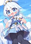  1girl :d armband blue_archive blue_eyes blue_sky braid commentary_request explosive gloves grenade hat highres kirino_(blue_archive) long_hair nanatsuta pantyhose police police_badge police_hat police_uniform policewoman purple_armband sky smile smoke_grenade twin_braids upskirt white_gloves white_hair 