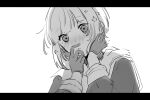  1girl blush bob_cut commentary dress gloves greyscale hair_ornament half_gloves hand_on_own_neck hasu_no_sora_school_uniform highres inverted_bob link!_like!_love_live! love_live! monochrome nose_blush parted_lips roku_aya_fuyu sailor_collar sailor_dress school_uniform short_hair simple_background solo star_(symbol) star_hair_ornament upper_body virtual_youtuber white_background wide-eyed winter_uniform yugiri_tsuzuri 