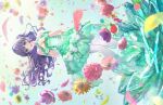  1girl :d bare_shoulders blurry blurry_foreground breasts clothing_cutout dress falling_petals floating_hair flower flower_request frilled_dress frills full_body game_asset green_dress green_eyes highres ima_kako_mirai_no_sangenshoku link!_like!_love_live! long_hair looking_at_viewer lotus love_live! medium_breasts non-web_source official_art open_mouth otomune_kozue pantyhose petals pink_flower pink_petals purple_flower purple_hair purple_petals self-datamine short_dress shoulder_cutout sideways smile solo teeth upper_teeth_only virtual_youtuber wavy_hair white_pantyhose yellow_flower yellow_petals 