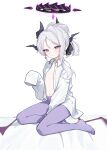  absurdres alternate_costume black_halo black_horns blue_archive blush breasts chinese_commentary commentary_request demon_girl demon_horns demon_wings earrings halo highres hina_(blue_archive) horns jewelry looking_at_viewer low_wings multiple_horns open_clothes open_shirt oversized_clothes oversized_shirt pantyhose parted_lips purple_eyes purple_halo purple_pantyhose purple_wings raised_inner_eyebrows shirt simple_background sitting sleeves_past_fingers sleeves_past_wrists small_breasts solo white_background white_hair white_shirt wings xingyun_fankic yokozuwari 
