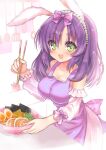  1girl :d absurdres animal_ears apron back_bow bangs bare_shoulders blush bow breasts chopsticks cleavage counter detached_sleeves dress eyebrows_visible_through_hair food green_eyes hair_bow hairband highres hinao holding holding_chopsticks holding_food kamaboko kitchen long_hair looking_at_viewer narutomaki noodles open_mouth original parted_bangs pearl_hair_ornament purple_hair rabbit_ears rabbit_girl ramen ribbon smile solo sparkle strapless strapless_dress taut_clothes 
