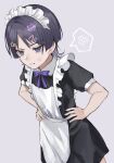  1boy anger_vein apron black_hair genshin_impact hair_ornament hairclip hands_on_hips highres maid maid_apron maid_headdress purple_eyes scaramouche_(genshin_impact) short_hair soji_777 