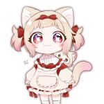  1girl :3 amai_hiyo animal_ears bangs bib blonde_hair blunt_bangs bow cat cat_ears cat_girl cat_tail child closed_mouth commentary eyebrows_visible_through_hair eyelashes forehead hair_bow highres howa_ksrhw indie_virtual_youtuber legs_apart long_sleeves looking_at_viewer no_nose pouch puffy_long_sleeves puffy_sleeves red_bow red_eyes shadow short_hair short_twintails signature simple_background socks solo standing symbol-shaped_pupils tail twintails virtual_youtuber white_background 