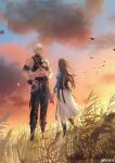  1boy 1girl absurdres bird black_boots blue_dress blue_pants boots chinese_commentary closed_mouth commentary_request dawn dress facing_away from_side full_body hair_ornament hetero highres long_hair long_sleeves looking_to_the_side love_and_deepspace nose official_alternate_costume orange_sky pants profile protagonist_(love_and_deepspace) puffy_sleeves red_eyes shirt short_hair sky sylus_(grassland_romance)_(love_and_deepspace) sylus_(love_and_deepspace) two-tone_dress watermark weibo_username weibo_watermark white_dress white_pants white_shirt yellow_sky zhishuo418 