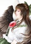  1girl bird_wings black_sun bow brown_hair brown_wings chest_eye collared_shirt commentary_request english_commentary feathered_wings frilled_shirt_collar frills green_bow green_skirt hair_bow highres johnalay long_hair mixed-language_commentary puffy_short_sleeves puffy_sleeves red_eyes reiuji_utsuho shirt short_sleeves skirt solo sun third_eye touhou traditional_media white_shirt wings 