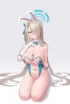  1girl absurdres animal_ears asuna_(blue_archive) asuna_(bunny_girl)_(blue_archive) between_breasts blonde_hair blue_archive blue_bow blue_bowtie blue_eyes blue_leotard bow bowtie breasts card card_between_breasts cleavage covered_navel covered_nipples detached_collar elbow_gloves fake_animal_ears gloves grin hair_over_one_eye halo hand_on_own_chest highres kneeling large_breasts leotard long_hair looking_at_viewer parted_lips playboy_bunny rabbit_ears see-through see-through_leotard simple_background smile solo translucent_bunnysuit very_long_hair white_gloves yinori 
