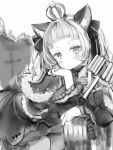  1girl animal_ears arm_support blush bow cat_ears closed_mouth couch crown dress greyscale hair_bow hammer head_rest highres holding holding_hammer hololive long_sleeves looking_at_viewer monochrome murasaki_shion nanashi_(nlo) piko_piko_hammer sitting solo virtual_youtuber 