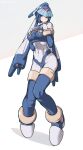  1girl android blue_eyes blue_hair breasts chinese_commentary covered_navel dot_mouth full_body hands_on_own_chest helmet high_heels highres huanxiang_huifeng knees_together_feet_apart large_breasts leviathan_(mega_man) looking_away mega_man_(series) mega_man_x_(series) no_pupils robot shadow solid_circle_eyes solo standing thighhighs 