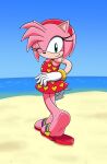 amy_rose anthro beach blob_feet clothing eulipotyphlan eyelashes featureless_feet feet female flip_flops foot_focus footwear green_eyes hand_on_hip head_tuft hedgehog hi_res karusutomoe looking_at_viewer mammal one_eye_closed pink_body plantigrade raised_heel sandals sega shoes solo sonic_the_hedgehog_(series) swimwear tuft wink winking_at_viewer