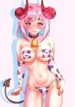  1girl animal_print ass_visible_through_thighs bare_shoulders bell bikini blue_hair blush breasts brown_collar collar collarbone colored_inner_hair commentary_request covered_nipples cow_print cow_print_bikini cow_print_gloves cowbell demon_girl demon_horns demon_tail elbow_gloves eyepatch_bikini gloves groin hair_intakes heart heart_tail highres horns kanan-sama_wa_akumade_choroi kanan_(kanan-sama) kousan large_breasts lips multicolored_hair navel neck_bell pink_hair pointy_ears print_bikini print_gloves red_horns red_nails short_hair side-tie_bikini_bottom slit_pupils solo stomach swimsuit tail 