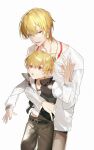  2boys :d :o age_comparison blonde_hair child child_gilgamesh_(fate) earrings fate/extra fate/extra_ccc fate/grand_order fate/hollow_ataraxia fate/stay_night fate/strange_fake fate/zero fate_(series) feet_out_of_frame gilgamesh_(fate) highres hug hug_from_behind jacket jewelry kk7_000 long_sleeves looking_at_viewer male_focus multiple_boys necklace official_alternate_costume open_mouth pants red_eyes short_hair simple_background smile time_paradox toned white_background 