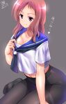  1girl black_legwear breasts cleavage collar_grab collarbone highres kamogawa_tanuki looking_at_viewer navel no_pants no_shoes pantyhose pleated_skirt purple_eyes red_hair saki school_uniform skirt smile tagme takei_hisa 