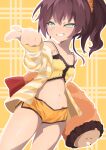  1girl absurdres aqua_eyes breasts brown_hair camisole cleavage closed_mouth commentary_request highres hololive looking_at_viewer natsuiro_matsuri natsuiro_matsuri_(matsuri's_day_off) navi_(ivan) official_alternate_costume orange_shorts pointing pointing_at_viewer ponytail scrunchie shorts small_breasts solo virtual_youtuber yellow_camisole yellow_scrunchie 