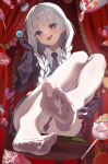  1girl absurdres belt biscuit_(bread) black_eyes black_gloves black_jacket black_necktie black_skirt black_suit blue_eyes blush braid breasts candy chair chocolate collared_shirt commentary_request cream cream_on_leg cupcake curtains donut dot_nose fate/grand_order fate_(series) feet food foot_focus foreshortening francesca_prelati_(fate) francesca_prelati_(second_ascension)_(fate) frilled_curtains fruit gloves grey_hair highres holding holding_candy holding_food holding_lollipop jacket lollipop long_hair long_sleeves looking_at_viewer medium_breasts necktie no_shoes on_chair open_mouth pantyhose parted_bangs police police_uniform puffy_long_sleeves puffy_sleeves ringed_eyes shafurakafusha shirt sitting skirt smile solo strawberry suit swirl_lollipop tongue tongue_out twin_braids white_hair white_pantyhose white_shirt wooden_chair 