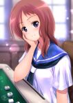  chair hand_on_own_face highres kamogawa_tanuki looking_at_viewer mahjong mahjong_table mahjong_tile purple_eyes red_hair saki school_uniform short_sleeves smile tagme takei_hisa window 