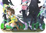  4girls absurdres animal_ears belt black_hair black_pants black_pantyhose black_shoes black_skirt boots brown_eyes brown_hair commentary_request cropped_jacket dantsu_flame_(center_spotlight)_(umamusume) dantsu_flame_(umamusume) glint grass grin high_heel_boots high_heels highres horse_ears horse_girl horse_tail jacket jungle_pocket_(champion's_battle_cry)_(umamusume) jungle_pocket_(umamusume) kurahashi_3 long_hair long_sleeves manhattan_cafe_(creeping_shadow)_(umamusume) manhattan_cafe_(umamusume) multiple_girls pants pantyhose pink_shorts shoes short_hair shorts skirt smile tail umamusume white_boots white_shoes yellow_jacket 