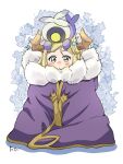  1other blonde_hair blush cape commentary demon_horns genjitsu_no_yohane highres horns love_live! love_live!_sunshine!! mari_(genjitsu_no_yohane) ohara_mari pellapie_(genjitsu_no_yohane) short_hair simple_background sitting solo ukakoro2132 untranslatable_commentary yellow_eyes 