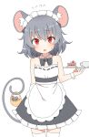  1girl absurdres alternate_costume animal_ears apron bangs bare_arms bare_shoulders basket black_dress black_skirt blush bow cowboy_shot dress enmaided eyebrows_visible_through_hair flying_sweatdrops food frills grey_hair highres holding holding_tray holding_with_tail looking_at_viewer maid maid_headdress mouse_ears mouse_tail nazrin nihohohi prehensile_tail red_eyes short_hair skirt sleeveless solo standing tail tail_bow tail_ornament thighhighs touhou tray waist_apron white_apron white_background white_legwear zettai_ryouiki 