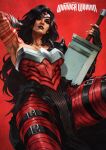  1girl absolute_dc absolute_wonder_woman absurdres amazon_warrior arm_behind_head armpits belt black_hair blue_eyes bodysuit breasts commentary cowboy_shot dc_comics english_commentary english_text eyelashes fingerless_gloves from_below gloves highres huge_weapon large_breasts lipstick long_hair makeup monori_rogue muscular muscular_female red_bodysuit red_lips red_tattoo silver_tiara simple_background single_glove strapless_bodysuit superhero_costume sword tattoo tattoo_sleeve thick_thighs thigh_belt thigh_strap thighs weapon wonder_woman_(absolute_dc) 