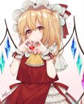  1girl absurdres alternate_eye_color artist_name ascot back_bow bangs blonde_hair blush bow brown_eyes closed_mouth collared_dress commentary_request crystal dress eyebrows_visible_through_hair eyes_visible_through_hair flandre_scarlet frills gem gradient gradient_background hair_between_eyes haruki_(colorful_macaron) hat hat_ribbon heart heart_hands highres jewelry looking_at_viewer mob_cap multicolored_wings one_side_up pink_background pointy_ears puffy_short_sleeves puffy_sleeves red_bow red_dress red_ribbon red_vest ribbon short_hair short_sleeves signature smile solo standing touhou vest white_background white_dress white_headwear wings wrist_cuffs yellow_ascot 
