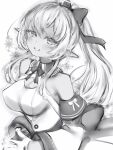  1girl bow bowtie breasts cleavage detached_sleeves elf gloves greyscale hair_bow highres hololive large_breasts long_sleeves looking_at_viewer monochrome nanashi_(nlo) pointy_ears ponytail shiranui_flare smile solo virtual_youtuber 