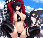  3girls animal_ears atago_(azur_lane) atago_(stunning_speedster)_(azur_lane) azur_lane bikini black_hair blush boots breasts checkered_flag cleavage confetti eyewear_on_head flag hair_ribbon highres jacket large_breasts lips long_hair mole mole_under_eye multiple_girls navel official_alternate_costume parted_lips ponytail race_queen red_eyes red_jacket ribbon squatting swimsuit taihou_(azur_lane) taihou_(enraptured_companion)_(azur_lane) takao_(azur_lane) takao_(full_throttle_charmer)_(azur_lane) umbrella untue very_long_hair white_ribbon 