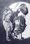  1boy 1girl animal_ears balloon bouquet bow bowtie commentary_request furry furry_male gloves greyscale hat hat_bow highres holding holding_balloon holding_behind_back jacket jax_(the_amazing_digital_circus) jester_cap kanu_(munoou00) korean_commentary monochrome official_alternate_costume pants plaid_clothes plaid_jacket plaid_pants pomni_(the_amazing_digital_circus) rabbit_boy rabbit_ears smile spotlight string_of_flags suit_jacket the_amazing_digital_circus 