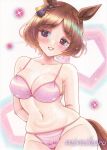  1girl absurdres animal_ears bare_legs bare_shoulders bikini blush breasts brown_hair cleavage collarbone commentary_request flower_in_eye highres horse_ears horse_girl horse_tail large_breasts looking_at_viewer marker_(medium) mimikuro navel open_mouth pink_bikini pink_eyes purple_eyes sakura_laurel_(umamusume) short_hair smile solo stomach swimsuit symbol_in_eye tail traditional_media umamusume 