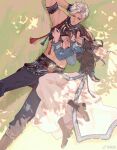  1boy 1girl arm_ribbon black_boots black_pants blue_dress boots brown_hair chinese_commentary closed_eyes closed_mouth commentary_request couple day dress feet_out_of_frame from_above full_body grass hair_ornament half-closed_eyes head_on_chest hetero highres long_hair long_sleeves looking_at_another love_and_deepspace lying official_alternate_costume on_back on_ground pants parted_bangs protagonist_(love_and_deepspace) puffy_sleeves red_eyes ribbon short_hair sleeping sylus_(grassland_romance)_(love_and_deepspace) sylus_(love_and_deepspace) toned toned_male two-tone_dress watermark weibo_username weibo_watermark white_dress white_hair wide_sleeves zhishuo418 