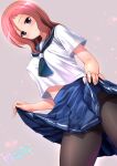  1girl clothes_lift highres kamogawa_tanuki looking_at_viewer pantyhose pleated_skirt purple_eyes red_hair saki school_uniform skirt skirt_lift smile tagme takei_hisa 