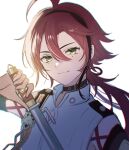  1boy ahoge aiguillette armor black_choker choker genshin_impact green_eyes highres holding holding_weapon japanese_armor jitte long_hair looking_at_viewer low_ponytail mole mole_under_eye mskmmti red_hair shikanoin_heizou sleeveless smile weapon 