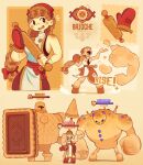  1girl absurdres bandana braid bread bread_hair brown_hair character_name dough food food-themed_hair food-themed_weapon full_body gaziter golem health_bar highres holding_rolling_pin lance long_hair open_mouth original polearm red_bandana red_oven_mitts rolling_pin shield single_braid standing weapon 