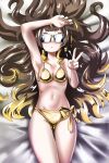  1girl anya_melfissa bikini blonde_hair brown_hair gastornis_kfp gold_bikini golden_week hololive hololive_indonesia long_hair looking_at_viewer multicolored_hair navel side-tie_bikini_bottom solo stomach streaked_hair sunglasses swimsuit v virtual_youtuber 