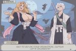  1boy 1girl black_kimono bleach breasts commentary english_commentary haori hitsugaya_toushirou huge_breasts japanese_clothes kimono large_breasts matsumoto_rangiku michel_teru mole mole_under_mouth orange_hair shihakusho taichou_haori white_hair 